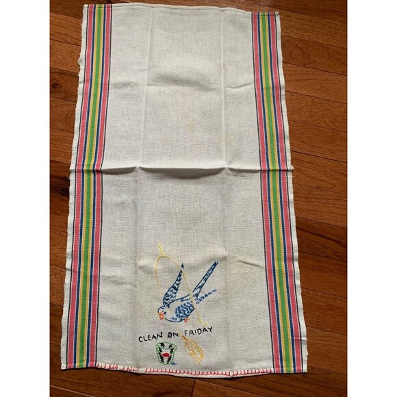 Vintage Clean on Friday Hand Embroidered Bird on Swing Hand Towel - Picture 8 of 8